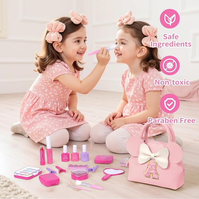 Pretend Makeup Kit for Toddlers Kids- 21Pcs Make Up Toys with Initial Toddler Purse - Birthday Gifts for 3 4 5 Years Old Girls Vanity Set Christmas Birthday Gift Pink S