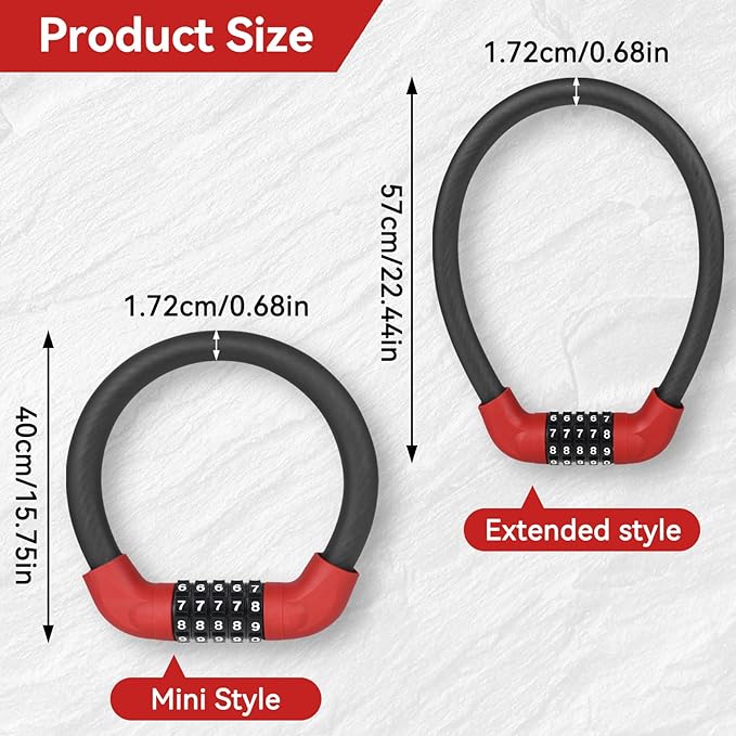 5 Digit Combination Bike Cable Lock, Lightweight Bicycle Lock Anti Theft Resettable Combination Portable Bicycle Cable Locks for Bike, 15inch, Red