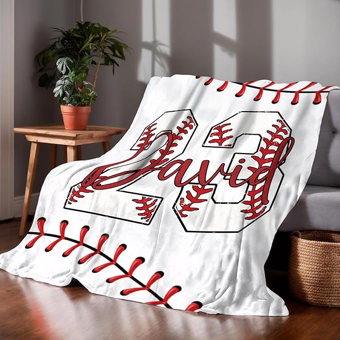 Personalized Baseball Blankets with Name Numbers, Custom Baseball Team Game Throw Flannel Blankets Stuff Gifts for Boys Sports Lover Fans Kids Adult