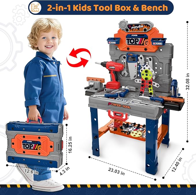 Kids Tool Bench with Realistic Electric Drill, 132 PCS Toddler Tool Set, Birthday Toys for Kids Ages 3 4 5 6 7 8, Toddlers Tool Box & Workbench, Kid Tools Set for Boys Girls 3-5 6-8