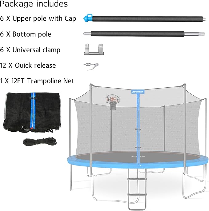 Zoomster Trampoline Replacement Enclosure Poles with Clamp and Hardware Fits 6 Straight Poles Trampoline (No Tool Needed. Can be Assembled by only one Adult)
