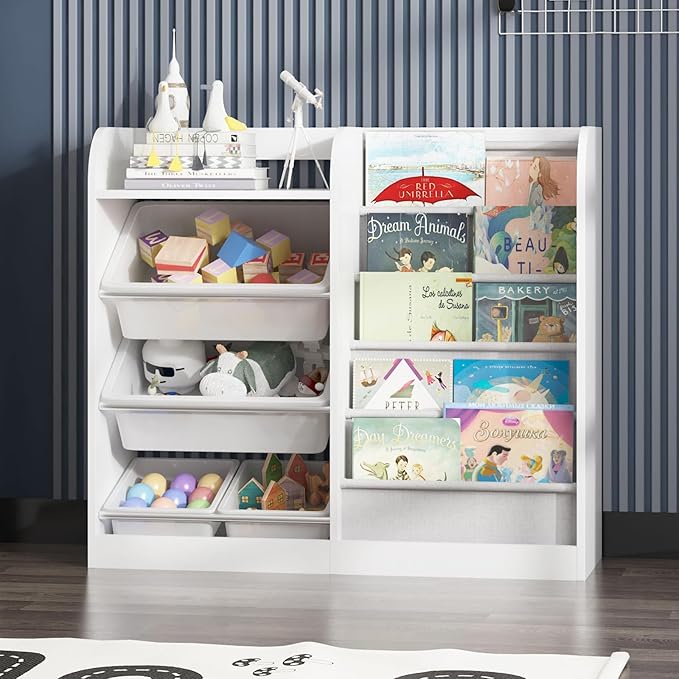 White Kids Wood Bookshelf Toy Storage Box Organizer Shelf W/4 Removable Plastic Toy Bins Children Bookcase Toddler Baby Sling Book Rack Cabinet Chest Girl Boy Gift Playroom Classroom Bedroom Nursery