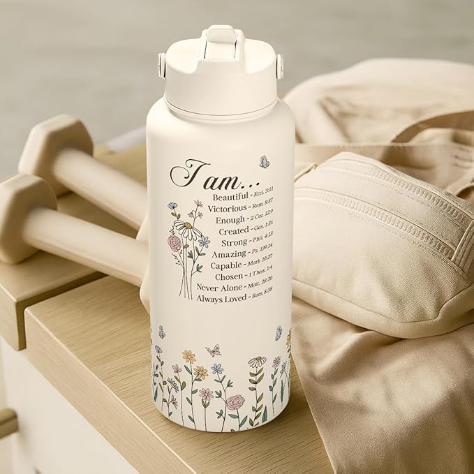 Christian Inspiration Water Bottle 32oz Stainless Steel with Lid & Straw, Inspirarional Insulated Bottles for Women Girls, Religious Inspirational Gift Idea for Birthday Christmas
