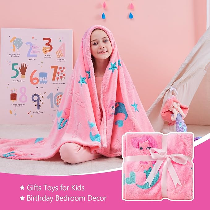 QSTEHEML Mermaid Gifts Toys for Girls Kids,Glow in The Dark Blanket Birthday Christmas Soft Luminous Throw Blanket for Age 3-12 Years Old Toddler Teens Child Daughter 50"x60"