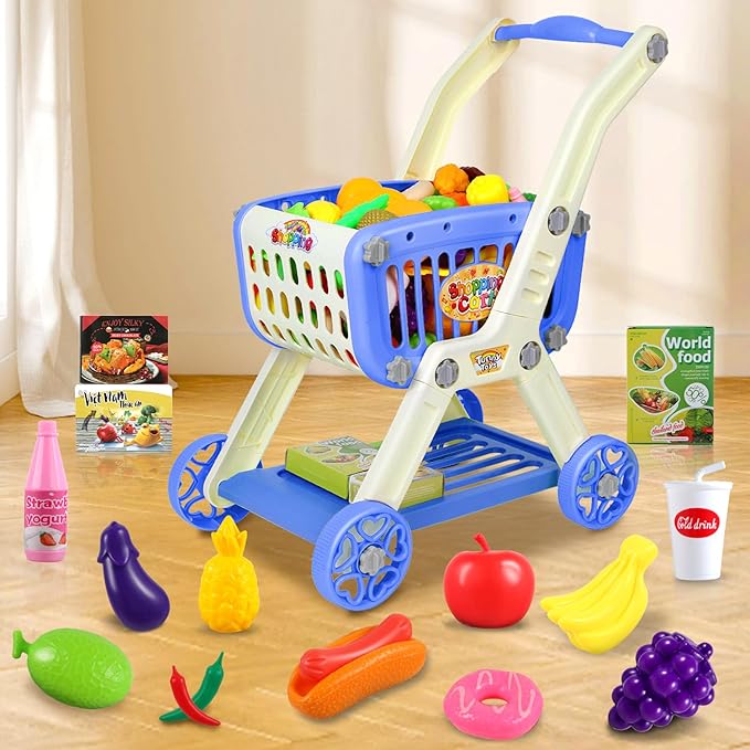 Kids Shopping Cart - 2 in 1 Toy Shopping Cart with Play Food Fruit Vegetable Dessert and Shop Accessories, 72pcs Pretend Play Grocery Store Toy Kitchen Game Trolley Play Set for Kids (Navy Blue)
