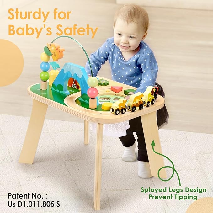 wingyz Activity Table for 1 Year Old Toddler, 9-in-1 Multi-Colorful Wooden Montessori Toys, Baby Play Table with Bead Maze Shape Sorter Train Toy, Educational Gifts for Kids Boys Girls