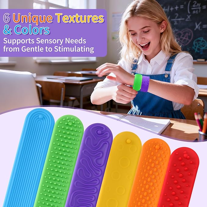 Sensory Fidget Toys Slap Bracelets,Textured Silicone Sensory Bracelets for Kids (6 Packs) Calming Tools for Autism,Anxiety,Stress Relief&ADHD,for Adults Office Desk,Gift&Rewards for Stress Relief