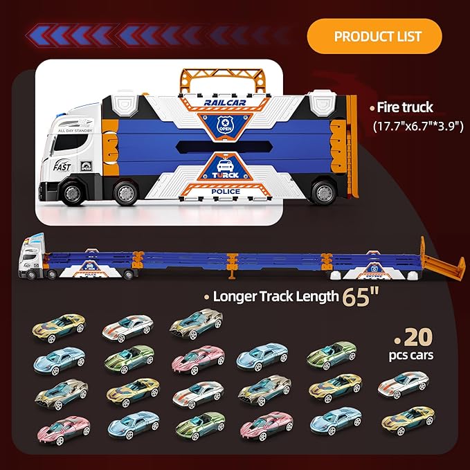 65-Inch Race Car Tracks and 20 Car Toys for Kids Boys Toddlers, Boy Toddler Toys Trucks for 3 4 5 6 7 8 Years Old Kids with Lights Sounds, Truck Toys Gift for 3 4 5 6 7 8 Years Old Boys Girls