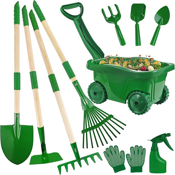Duckura Kids Gardening Tools Set - 10pcs Wheelbarrow Set for Kids with Shovel, Rake, Leaf Rake, Summer Outdoor Yard Digging Weed Toys, Halloween Birthday Gifts for Boys Girls Age 2 3+ Years Old(Green)