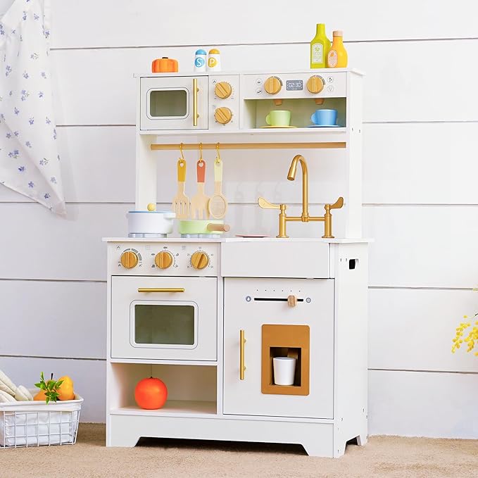 Wooden Play Kitchen for Kids with Ice Maker — Small White Pretend Kitchen Set with Sink, Stove, Oven & Microwave, Utensils and Storage, Montessori Role-Play Toy, Gift for Toddlers Ages 3+
