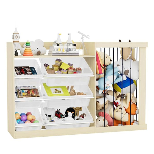 Naches Kids Toy Organizer and 4-Tier Montessori Bookshelf with 6 Bins, 3-in-1 Toy Shelves and Stuffed Animal Storage for Playroom, Nursery, Baby Room (Burlywood)