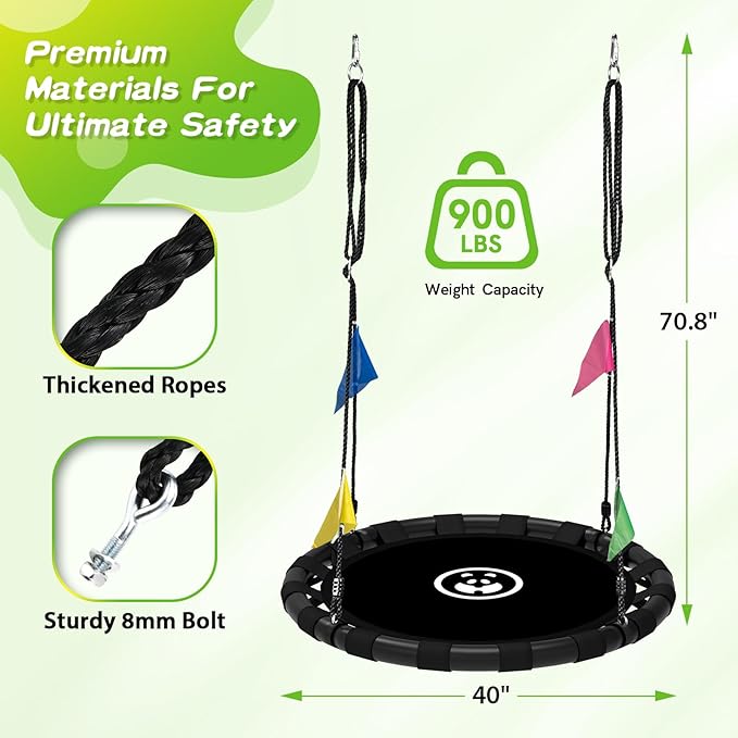 40 Inch Saucer Swing, 900lbs Weight Capacity Tree Swing Sets for Backyard 2 Added Hanging Straps Adjustable Multi-Strand Ropes and Center Swivel Spinner, Gifts for Kids and Family, Black