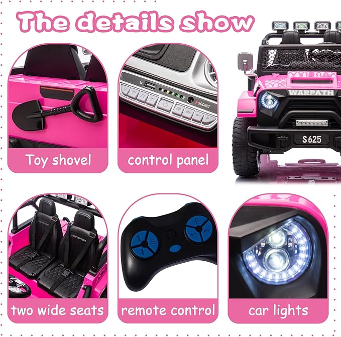 OTTARO Ride on Cars Vehicles 2 Seater, Battery Powered 12V Large Electric Truck for Kids with Remote Control, Spring Suspension, LED Lights, Music(Pink)