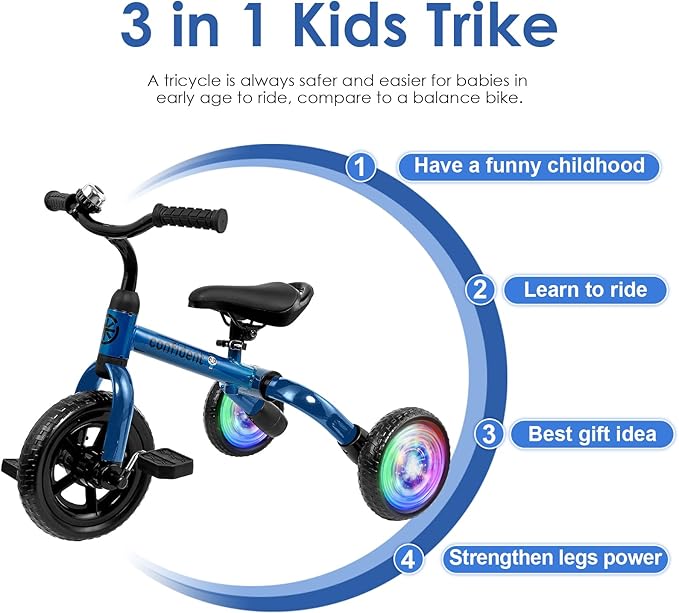 YGJT 3 in 1 Lighting Tricycle for Toddlers Age 2-5 Years Old, Folding Kids Balance Bike with Adjustable Seat and Removable Pedal, Toddler Bike Ride-on Toys for Infant, Gifts for Baby Boys Girls(Blue)