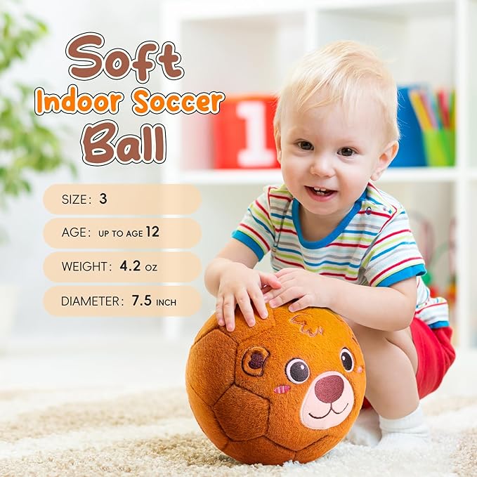 Silent Indoor Soccer Balls for Toddlers, Inflatable Soft Plush Baby Toddler Soccer Ball Toys Gifts for 0+Year Old Boy Girl First Birthday Gift (Bear, Pump Include)