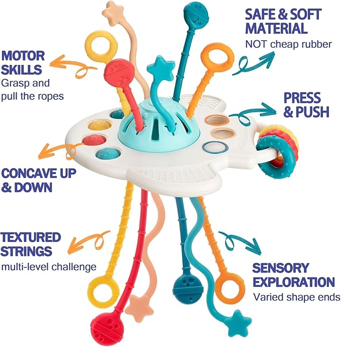 Baby Toys 6 to 12 Months, 5 In 1 Montessori Toys for 1 Year Old, Incl Travel Pull String Toy & Rattle Teether & Stacking Baby Block & Soft Infant Ring & Sensory Ball for Toddler 0-3-6-9-12 Month