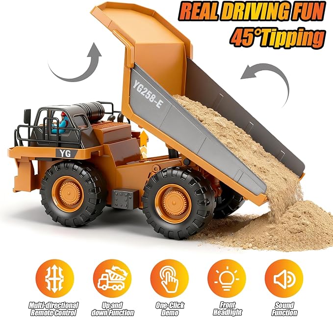 HuiJuKeJi Remote Control Dump Truck - 360° Rotating Metal Bed, 9-Channel RC Construction Toy for Indoor Outdoor Play, Rechargeable with Lights & Sounds, for Kids Ages 6+