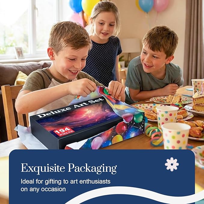 194 Piece Deluxe Art Set, Painting Drawing Art Supplies with 4 Drawing Pads, Acrylic Paints, Crayons, Colored Pencils Set in Wooden Case, Art Kit Gift Box for Kids, Teens, Adults, Artists, Beginners