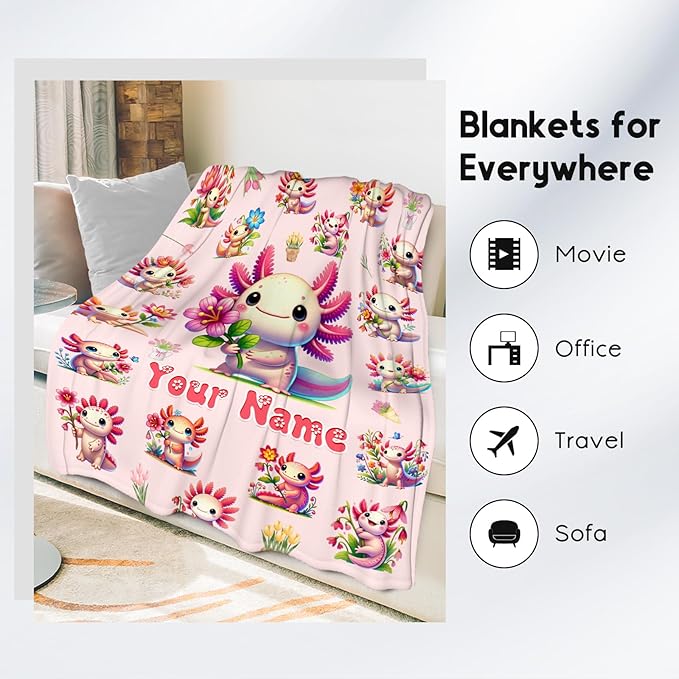 Girls Blankets Gifts Axolotl Blanket for Kids Adults, 60"x80" Personalized Cute Flannel Throw Gifts for Sofa Couch Bed