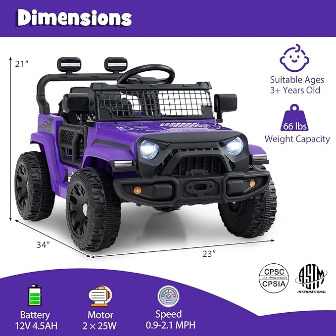 Costzon Kids Ride on Car Truck, 12V Electric Vehicle w/Foldable Mirrors, 3 Speeds, LED Lights, Music & Horn, Ride on Toys Remote Control Car for Toddlers, Boys & Girls (Purple,34" × 23" × 21")