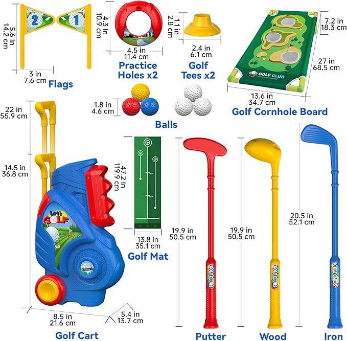 Liberry Toddler Golf Set for 2 3 4 5 Years Old Boys Girls, Upgraded Kids Golf Cart with Golf Cornhole Board & Putting Mat, Indoor and Outdoor Golf Toys Birthday Gift