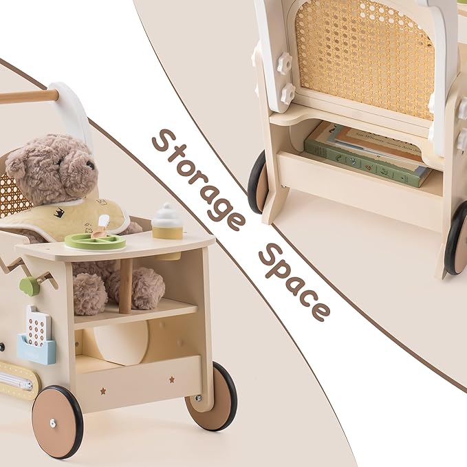 ROBOTIME Wooden Baby Walker, Baby Push Walker, Baby Activity Center Toys - Toddler Walking Activity Center Push Toys with Safety Brake, Baby Walker for Motor Skills (Rattan Doll Walker)