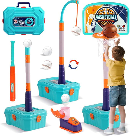 Kids Basketball Hoop and T Ball Set for Toddler 3-5, 4 in 1 Height Adjustable - Toddler Basketball Hoop Indoor Toy for Kids Outdoor Basketball Goal, Portable Sport Toy Gifts for Boy Age 3 4 5
