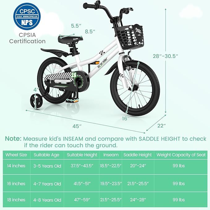 BABY JOY Kids Bike, 12 14 16 18 Inch Children Bikes for Boys Girls Age 3-8 Years w/Training Wheels, Handbrake, Coaster Brake & Removable Basket, Kids Bicycle of Multiple Colors