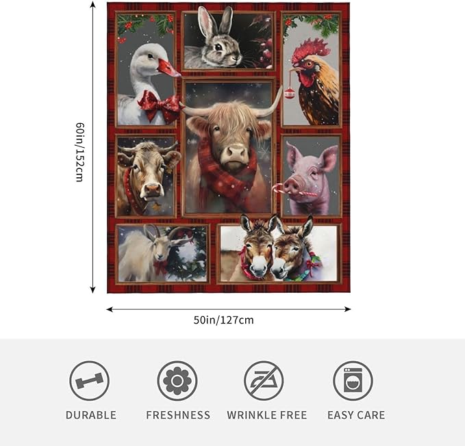 Christmas Blanket Highland Cow Farm Animal Throw Blanket Ultra Soft Cozy Fleece Goat Chicken Goose Duck Pig Donkey Gift Fuzzy Plush Bedding Blankets for Kids Adult Girls Boys Women Men 60"x50"