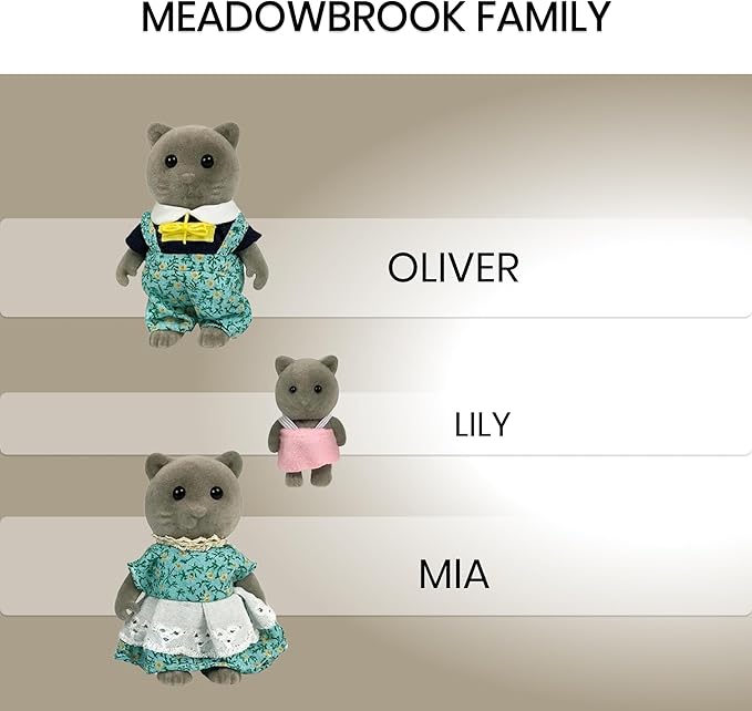 Family Gray Cat Figures — Set of 3 Collectible Flocked Mini Dolls with Removable Clothes, Miniature Dollhouse Pretend Play Figures for Kids Ages 3+