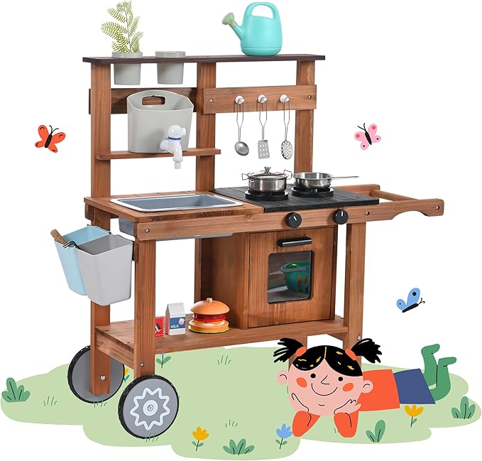 OLLIKIVI Mud Kitchen for Kids Outdoor, Wooden Play Kitchen with Removable Sink, Faucet, Storage Shelves, Backyard Garden Toddler Kitchen Playest, Kitchenware, Stove, Gift for Boys and Girls