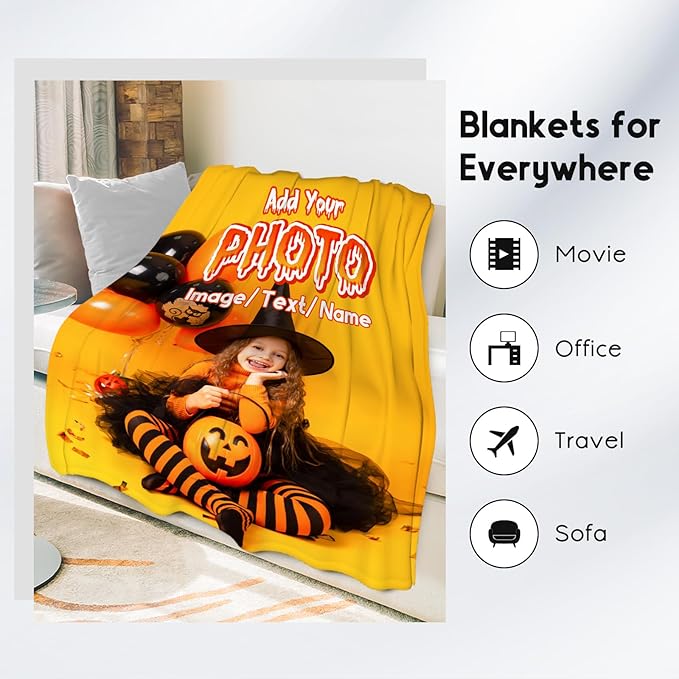 Custom Blanket - Personalized Throw with Name - Customized Photo Gifts for Family Friends - Add Your Design - 40"x50" Fleece Halloween Blankets for Party Decor
