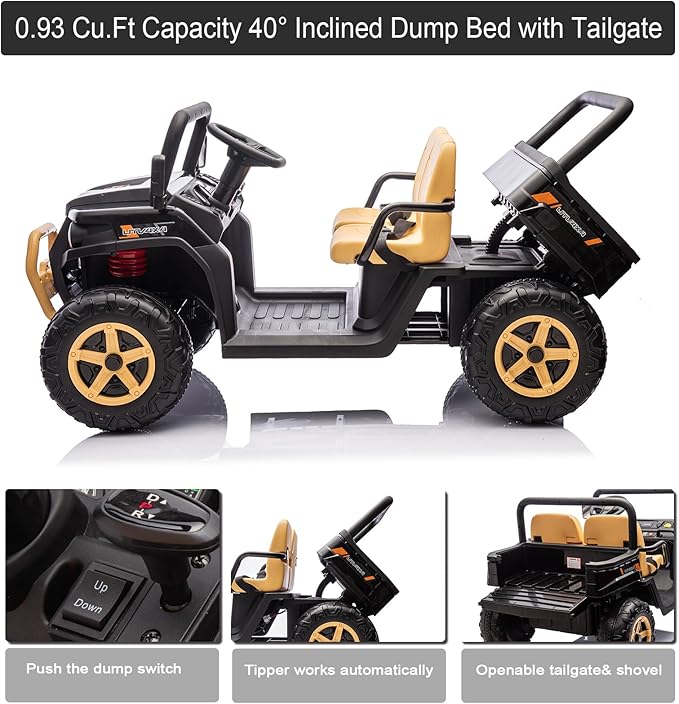 POSTACK 24V 2 Seater Ride on Toy with Parental Remote Control, Electric Dump Truck for Kids, Battery Powered Electric Vehicle UTV for Kids to Drive w/Bluetooth, Music, Black