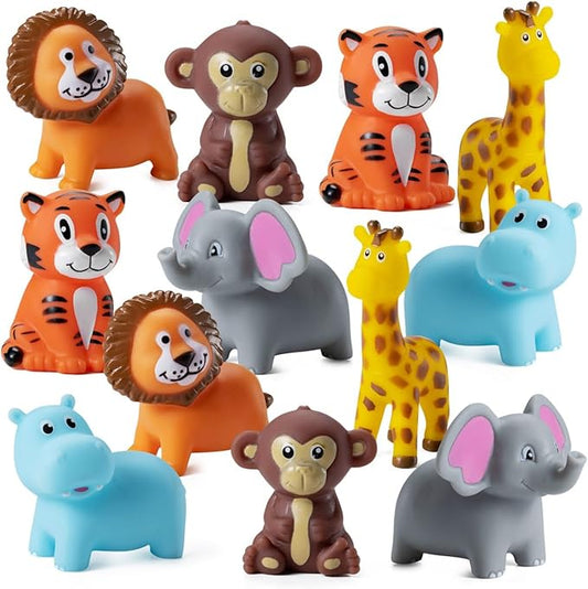 Mini Zoo Animals Bath Toys - (Pack of 12) Vinyl Rubber Jungle Safari Animal Figures, Squeezable Bath Tub Toys for Kids, Baby Shower, Birthday Party Supplies, Favors, Cake Decor, Table Decorations