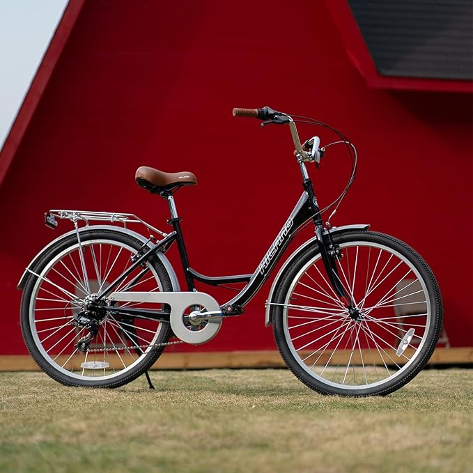 HILAND 26 inch Complete Beach Cruiser Bike for Adults, 7 Speed Step-Through Frame Womens Bicycle with Rear Rack, Retrospec Bike Commuter City Bicycle for Men