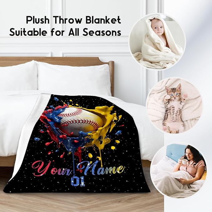 Personalized Baseball Blanket, Custom Baseball Gifts for Kids Boys Men, Sport Throw Blankets for Adults Team Player, Soft Flannel Throws Gift Home Decor (Colorful, 50x60 Inch)