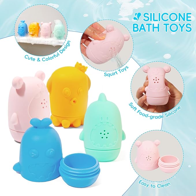 Baby Bath Toys for Kids Ages 1-3, 15 PCS Mold Free Bath Toys for Toddlers 2-4 Bathtub Water Table Pool Toys, Silicone Bath Toy and Bath Boats Spoons, Christmas Stocking Stuffers for Babies & Toddlers