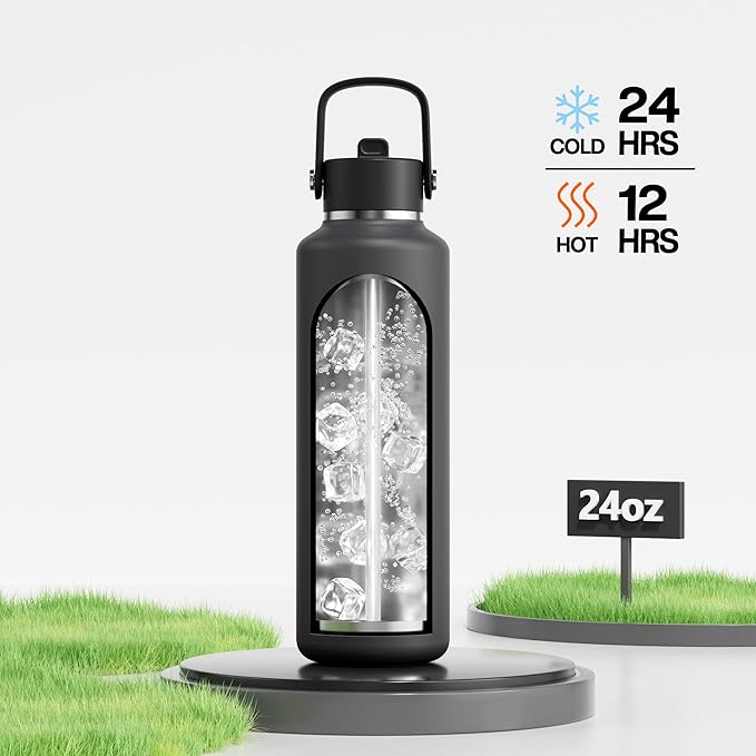 POWCAN 24 oz Slim Insulated Water Bottle: Leakproof, Lightweight, Top Handle, Stainless Steel Water Bottle with Straw for Sport, Gym, Fitness, Office, Home, Commute, Workouts, Boy, Men (Stone Gray)