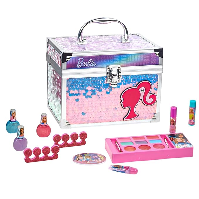 Barbie Train Case Beauty Set, Kids Makeup Kit for Girls, Real Washable Makeup Set, Play Makeup, Party Favor, Birthday, Ages 3 4 5 6 7 8 9 10 11 12 by Townley Girl