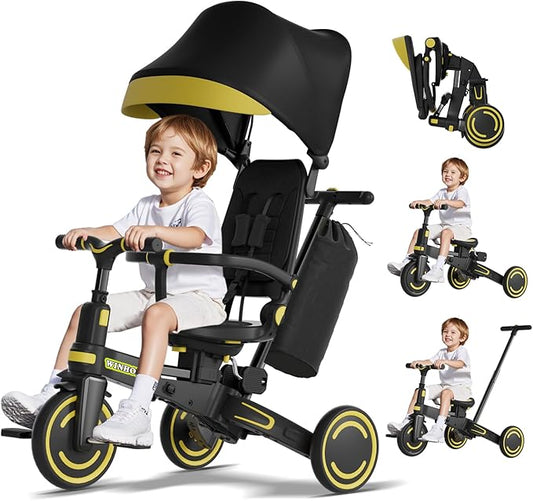 WinHope 9-in-1 Push Tricycle for Toddlers 1-3 Years | Convertible Kids Trike with Adjustable Parent Handle & Safety Harness, Lightweight Foldable Design + Storage Basket for Boys & Girls (Black)