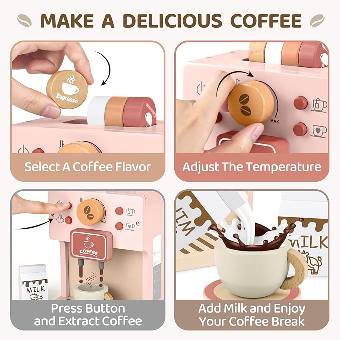 Airlab Kids Coffee Playset Toy Coffee Maker Set for Toddler Wooden Kitchen Accessories Pretend Play for Girls Boys Ages Birthday Gifts Pink