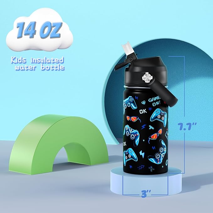 14oz Kids Insulated Water Bottle with Straw Lid - 18/8 Stainless Steel Kid Cup Travel Tumbler Double Wall Vacuum Leak Proof Portable Toddler Water Bottle (Game)