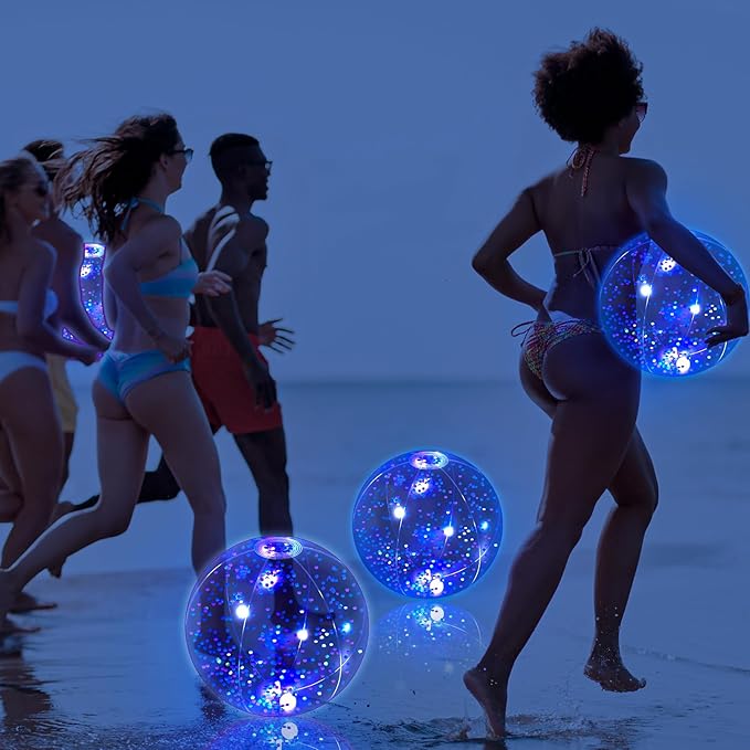 12 Pack 12 Inch Glow in The Dark LED Beach Ball Jumbo Confetti Glitters Inflatable Ball Swimming Pool for Party Pool Summer(Blue)