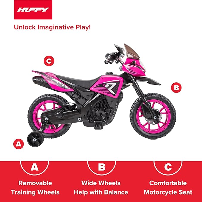 Huffy Ride on Motorcycle for Kids, Ideal for Ages 3-7 Years Old, 6V Ride On Motorcycle, Training Wheels, Realistic Engine Sounds, Simple Wall Charger, Max Weight 65lbs, 2 MPH, Pink