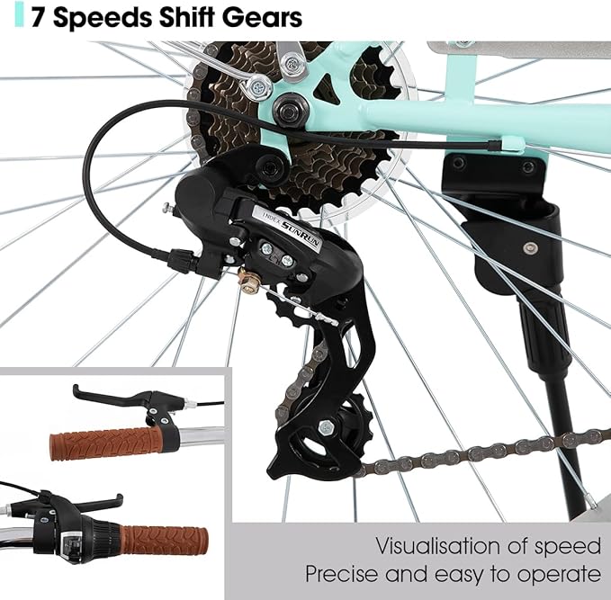 HILAND 26 inch Complete Beach Cruiser Bike for Adults, 7 Speed Step-Through Frame Womens Bicycle with Rear Rack, Retrospec Bike Commuter City Bicycle for Men