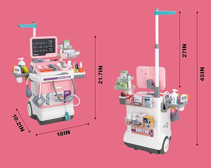 Doctor Kit for Toddlers - Deluxe Pretend Play Medical Cart Toy Set with Stethoscope ,Thermometer,Doctor Costume & Carry Bag - Educational Role Play Gift for Kids Boys & Girls Ages 3 4 5（Pink）