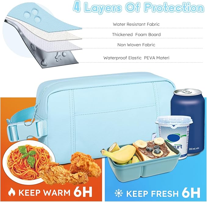 NOL Natural Organic Lifestyle Freezable Snack Bag, Leakproof Cooler Lunch Bag, Reusable, Zip Closure with Buckle Handle Nylon Waterproof Snack Box for Work Travel-Light blue