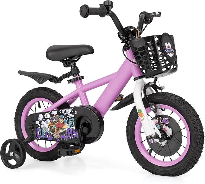 BABY JOY Rabbit Pilot Sporty Kids Bike, 12 14 16 18 Inch Child Bike for 3-8 Years Old with Adjustable Height, Training Wheels, Storage Basket, Handbrake & Coaster Brake, Kids Bicycle for Girls Boys