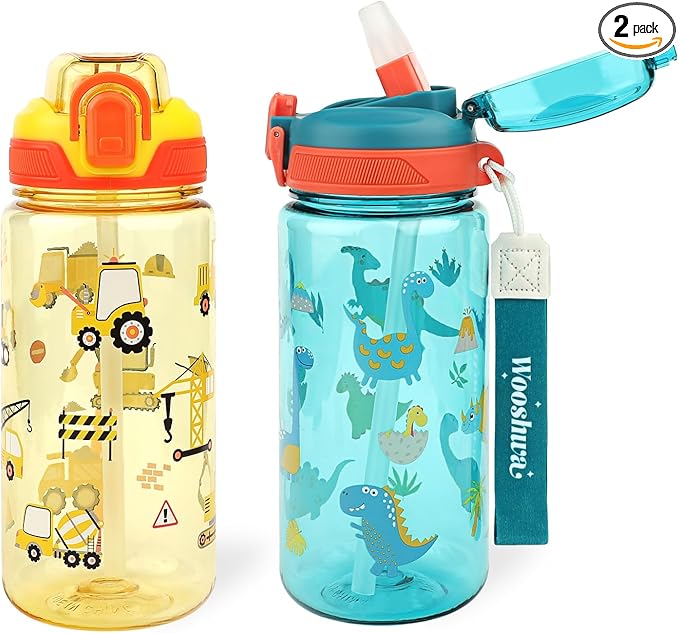 Kids Water Bottle for School or Travel, 20 Oz 2 Pack Durable Plastic Water Bottle with Silicone Straw and Pop-Up Spout Cover, BPA Free & Dishwasher Safe(Excavator & Dinosaur)