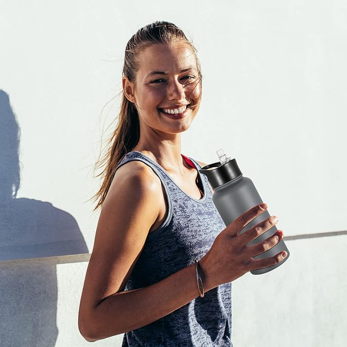 32 oz Insulated Water Bottle with Straw Lid & Wide Mouth Lids, Stainless Steel Sports Water Bottles, Double Walled Vacuum, Leak Proof, Gray